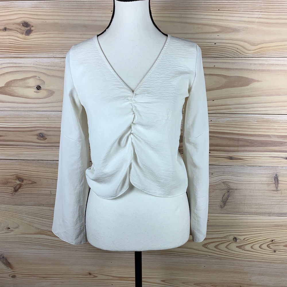 Noon Top Women XS White Ruched V-Neck Long Sleeve Textured Cropped Made in Spain